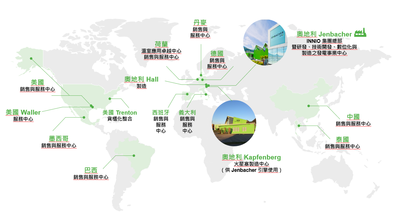 Jenbacher 原廠全球服務網路分布圖（繁體中文）